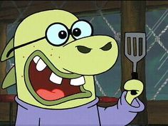 a cartoon character holding a spatula in one hand and looking at the camera with his mouth open