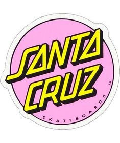 the santa cruz skateboard sticker is shown in pink and yellow with black lettering