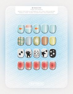 the nail stickers are designed to look like they have different shapes and colors on them