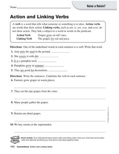 an english worksheet with the words action and linking verbs in each language