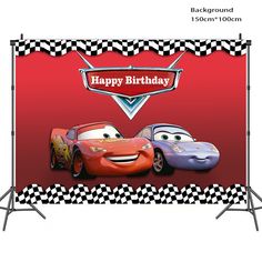 a birthday backdrop with cars and checkered background for the movie cars, featuring two characters