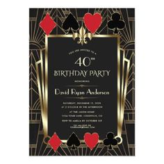 a 50th birthday party card with playing cards and hearts on the front, in black and gold