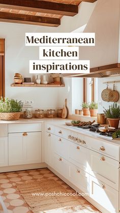 a kitchen with white cabinets and tiled flooring is featured in the article mediterranean kitchen inspirations