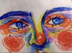 a drawing of a person's face with blue eyes and orange circles around it