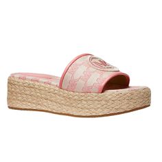 Sadler Logo Jacquard And Jute Wedge Sandal In Tea Rose Mfsrp: $125.00 Sporty Silhouette. Signature Details. The Sadler Sandal Is The Best Of Both Worlds. Defined By An Embossed Logo Charm, This Pair Is Crafted From Logo Jacquard And Set On A Jute Wedge Sole For Easy Day-Long Wear. Team It With Your Favorite Pair Of Jeans. Wedge Sandal Logo Jacquard 77% Cotton/23% Polyester Lining: Polyurethane Blend Open Toe Slip On Heel Height: 2" Heel Type: Wrapped Style: 49s3sdfa1y Imported Brand New In Box Spring Pink Wedge Sandals With Woven Sole, Pink Slip-on Wedge Sandals For Summer, Michael Kors Platform Wedge Sandals For Summer, Michael Kors Summer Beach Wedge Sandals, Michael Kors Summer Wedge Sandals For Beach, Michael Kors Summer Wedge Sandals, Michael Kors Casual Wedge Sandals For Beach, Michael Kors Casual Wedge Sandals For Vacation, Michael Kors Summer Sandals