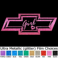 the chevrolet logo is shown in pink glitter and black with red, yellow, green, blue