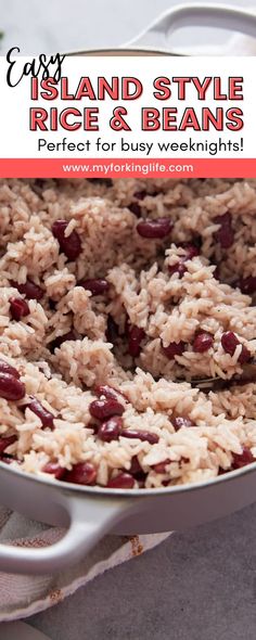 rice and beans in a pan with text overlay