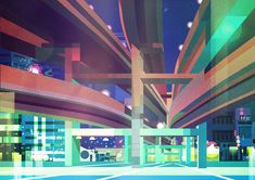 an abstract image of a city with tall buildings and colorful lines on the ceiling,