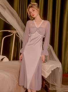 Fabric name: mesh clothCollar type: V-neckSleeve length: long sleevesColor: purpleSize: M,L Sleeveless Dresses Casual, Silk Nightgown, Sleepwear Dress, Short Lace Dress, Satin Pajamas, Pink Midi Dress, Dress For Short Women, Maxi Dress Party, Chest Pad