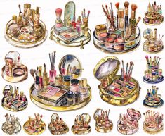 an assortment of makeup and make up items on a white background in watercolor style