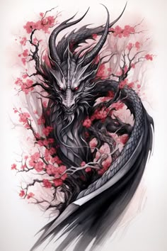 a drawing of a dragon with flowers in its mouth