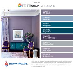 the color scheme for this living room is blue and purple