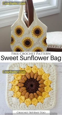 the crochet sunflower bag is shown in three different colors