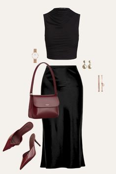 Elevate your evening style with this sophisticated black monochromatic outfit, accented by elegant burgundy accessories. The sleek black top paired with a flowing satin skirt creates a timeless look, complemented perfectly by a burgundy handbag and matching heels. Ideal for a night out or special occasion, this outfit combines classic elegance with modern flair. Discover more stylish combinations on our Pinterest board and get inspired for your next event. #NightOutLook #StylishEnsemble #TimelessFashion #ModernElegance Satin Skirt Outfit Night Out, Burgundy Heels Outfit Ideas, Burgundy Handbag Outfit, Black Satin Skirt Outfit Fall, Burgundy Pumps Outfit, Black Satin Skirt Outfit Classy, Black And Burgundy Outfit, Burgundy And Black Outfit