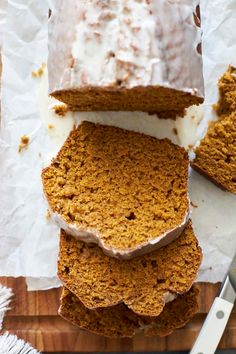 slices of pumpkin bread with frosting on top