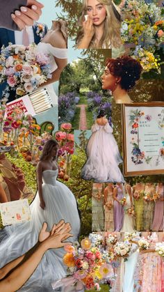 a collage of images with flowers and people in the background, including an image of a woman's dress