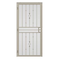 an image of a white iron door with glass panels and metal bars on the side