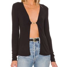 Black Long Sleeve Open Front Top With Gold Clasp Stretch Black Tops For Daywear, Black Fitted Tops For Daywear, Fitted Black Top For Daywear, Black Tops For Daywear In Fall, Black Tops For Fall Daywear, Tie Front Top Outfit, Flyaway Top, Black Crop Sweater, Long Sleeve Top Outfit