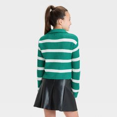 Add an on-trend twist to your child's cool-weather outfits with this Striped Johnny Collar Sweater from art class™. This pullover sweater is fashioned with a classic striped design and is framed by a polo neckline with a ribbed Johnny collar for added flair. Crafted for both style and comfort, the long-sleeve sweater is made from lightweight acrylic fabric for cozy wear. art class™: One-of-a-kind looks for the one and only you. Long Sleeve Spring Sweater For School, Trendy Long Sleeve Sweater For School, Trendy Green Sweater With Ribbed Collar, White Winter Sweater For School, Preppy Winter School Sweater, Preppy Winter Sweater For School, Preppy Sweater With Ribbed Cuffs For Fall, Preppy Winter Sweater With Ribbed Collar, Casual Long Sleeve Sweater For School