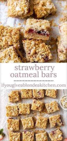 strawberry oatmeal bars stacked on top of each other with the title above it