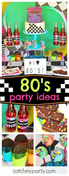 an assortment of party foods and desserts with the words 80s's party ideas