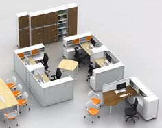 an office cubicle with desks, chairs and cabinets is shown in this image