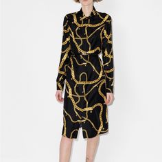 Authentic Versace Silk Dress With Medusa Head Belt Black Silk Luxury Midi Dress, Luxury Black Silk Midi Dress, Elegant Fitted Dress With Chain Print, Elegant Spring Dresses With Chain Print, Elegant Black Dress With Chain Print, Versace Dresses, Bleach Shirt, Print Silk Dress, White Sheath Dress