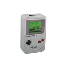 an old style gameboy with the screen turned green and red, sitting in front of a white background