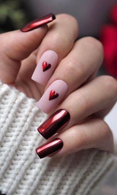 Burgundy Nail Designs, Chrome Nails Designs, Red Valentine, Valentine Nail Art, February Nails, Cute Nails For Fall, Nail Designs Valentines, Cute Summer Nails, Heart Nails