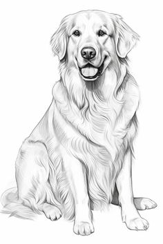 a black and white drawing of a golden retriever sitting down with his tongue out