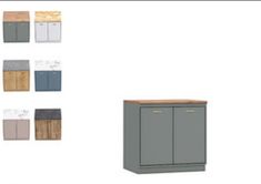 several different colored cabinets with wooden tops