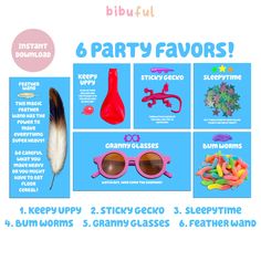 an advertisement for party favors with different items