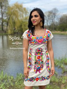 Mexican Style Dresses, Colorful Floral Dress, Traditional Mexican Dress, Dress Traditional, Mexican Dress, Traditional Mexican, Mexican Dresses, Floral Embroidered Dress, Mexican Style