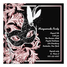 a masquerade party flyer with a mask on it's face and feathers