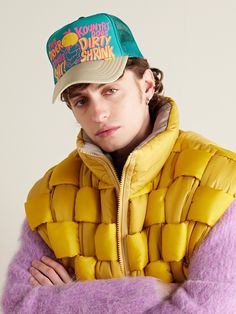 Part of KAPITAL's 'Kountry' collection, this scuba and mesh trucker cap has been made in Japan and printed with its cheeky 'Dirty Shrink' motif in colourful, puffy lettering. It features a slightly curved brim and adjustable back tab. Yellow Trucker Hat For Streetwear, Puffy Lettering, Cap For Men, Cap Men, Colour Block, Trucker Cap, Made In Japan, Caps Hats, Color Blocking