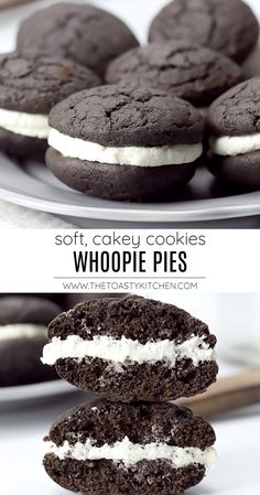 chocolate cookies with white frosting are stacked on top of each other and the words, soft, cakey cookies whoopie pies