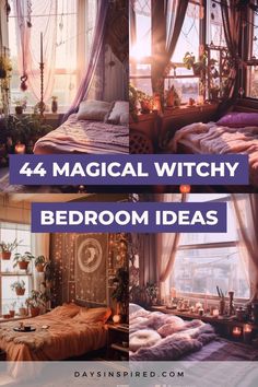 four different images with the words 4 magic witchy bedroom ideas