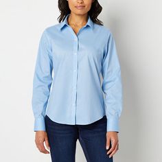 Made from a soft stretch-cotton poplin with Liz Claiborne's Everair technology to keep you cool and dry, this women's button-down shirt is a comfortable style choice for work or a day out with friends. This long-sleeve shirt is cut for a regular-fit, with wrinkle-free properties, and has a classic point collar, button cuffs, and a curved hem for easy layering.Features: Wrinkle Resistant, Stretch Fabric, EssentialsClosure Type: ButtonFit: Regular FitNeckline: Collar NeckSleeve Length: Long Sleeve Shirt Wrinkles, Women's Button Down Shirt, Button Front Shirt, Wrinkle Free, Comfortable Fashion, Liz Claiborne, Sweater Vest, Stretch Cotton, Women Long Sleeve