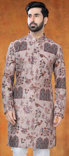 Beige and Brown color Kurta in Jacquard fabric with Printed work Party Wear Kurta, Engagement Reception, Reception Lehenga, Jacquard Fabric, Brown Color, Lehenga, Party Wear, Yellow, Fabric