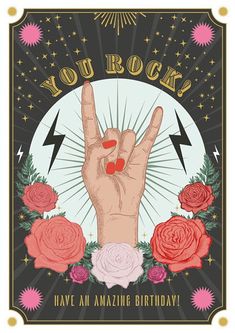 a card with an image of a rock and roll hand holding up the peace sign