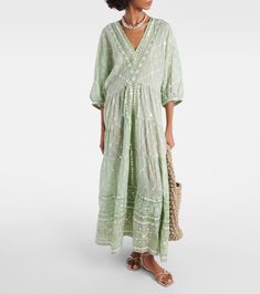 Embellished cotton kaftan in green - Juliet Dunn | Mytheresa Spring Knitwear, Spring Sunglasses, Minimal Shoes, Midi Skirt Spring, Bridal Bag, Cotton Kaftan, Gucci Fashion, Summer Accessories, Scarf Hairstyles