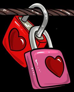 a red and pink heart shaped padlock on a rope with two hearts attached to it