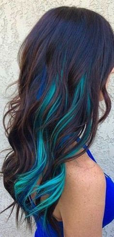 Blue Brown Hair, 30 Hair Color, Hair Dye Shades, Blue Hair Highlights, Underlights Hair, Rambut Brunette, Highlights Ideas, Blue Ombre Hair