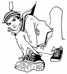 a black and white drawing of a person on a skateboard