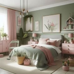 a bedroom with pink and green decor in pastel colors, including bed linens