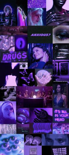 the collage shows many different images in purple and blue colors, including an image of a woman's face