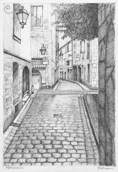 a pencil drawing of an alleyway in the old part of town with cobblestones