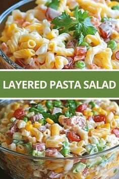 layered pasta salad in a glass bowl with parsley on top and the words layered pasta salad above it