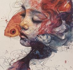 a woman's face with her eyes closed and two fish in front of her