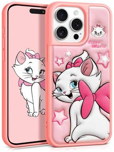 an iphone case with two cats and stars on the back, one has a pink background